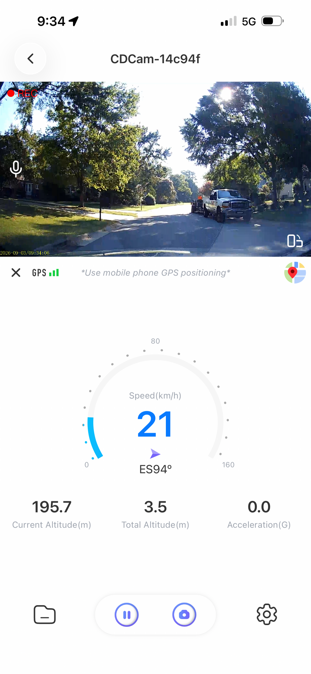 Viidure app on a phone showing a live dash cam view with save and file controls