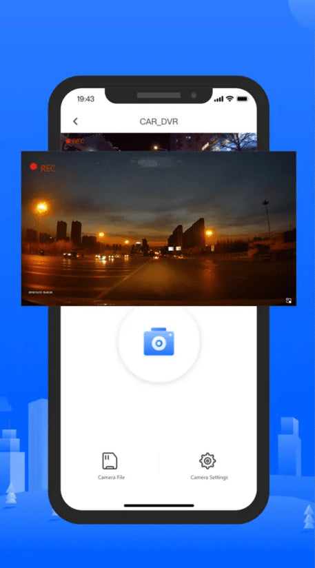 Viidure app on a phone showing a live dash cam view with save and file controls