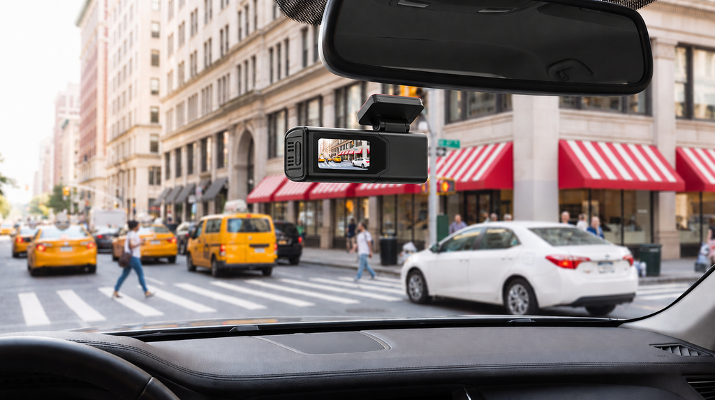 Plainview One on the windshield with its power cord attached, screen showing the road ahead