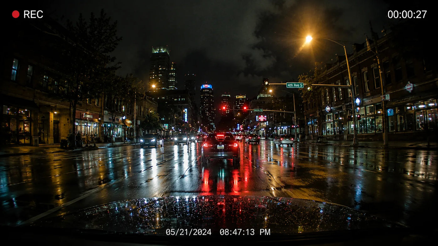 Dash cam frame of a rainy city street at night with REC indicator and timestamp overlay